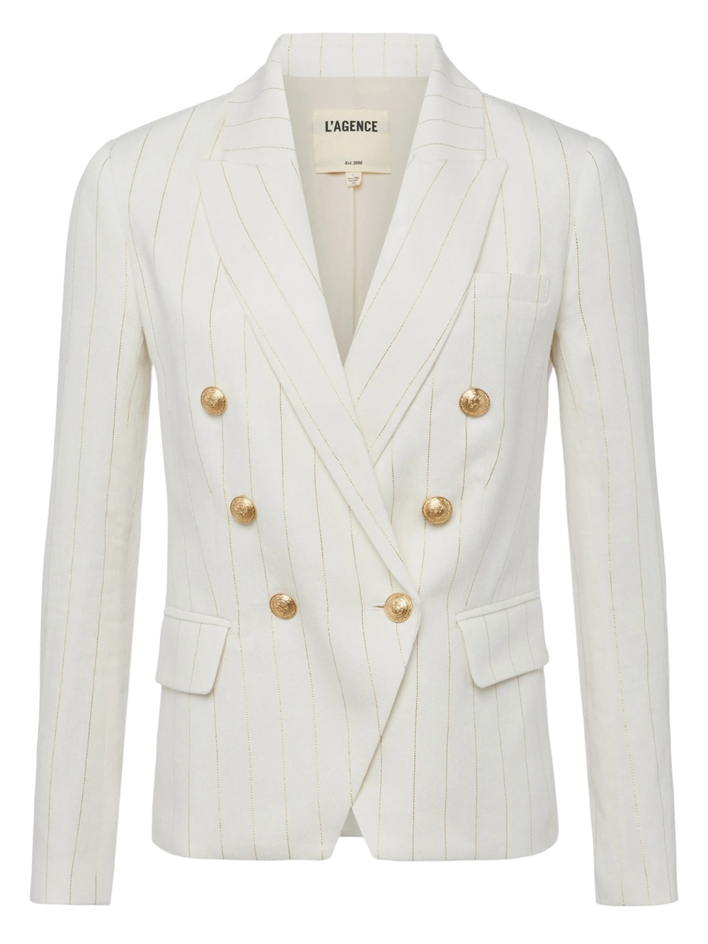 L'AGENCE Cream Pinstripe Double-Breasted Blazer with Gold Buttons